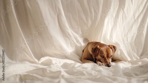 Dog relaxing on soft white fabric indoor setting photograph cozy environment close-up view comfort concept