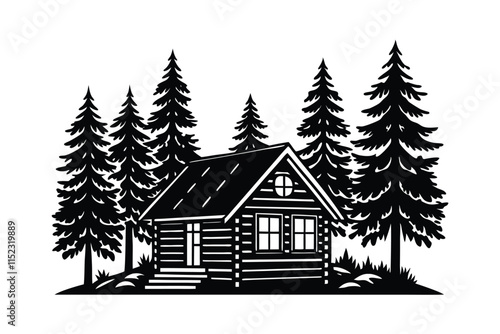 Rustic Log Cabin in Pine Forest - Black and White Illustration