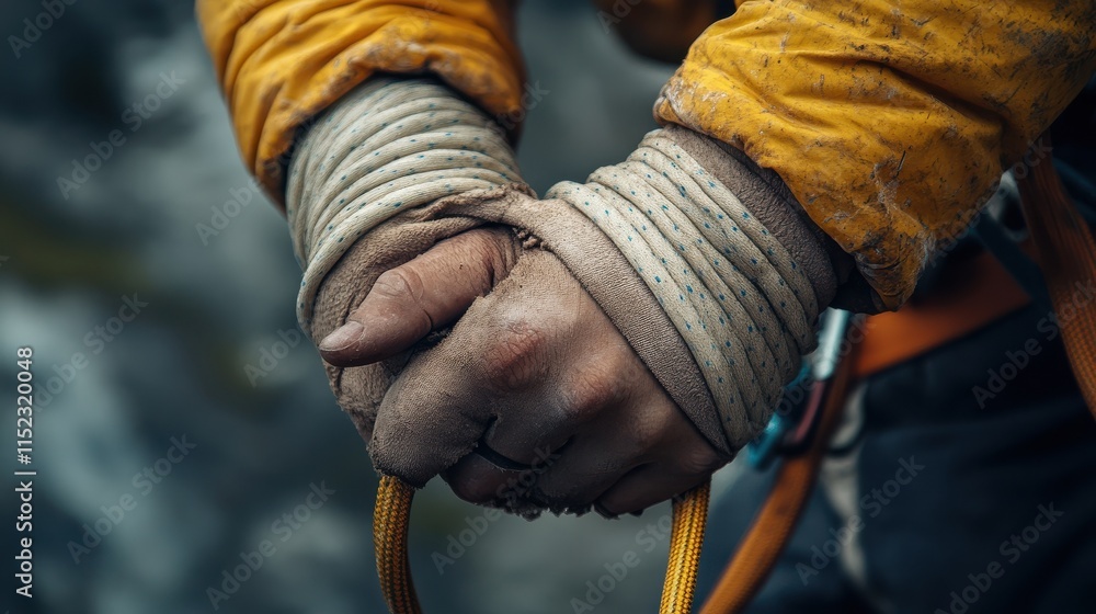 Hands of a climber wrapped around a adhesive plaster holding an insurance rope, close-up.