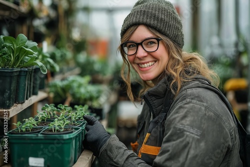 A smiling woman in a greenhouse tends to her plants, showcasing her passion for seedling care and gardening. The lush greenery around her enhances the nurturing atmosphere.