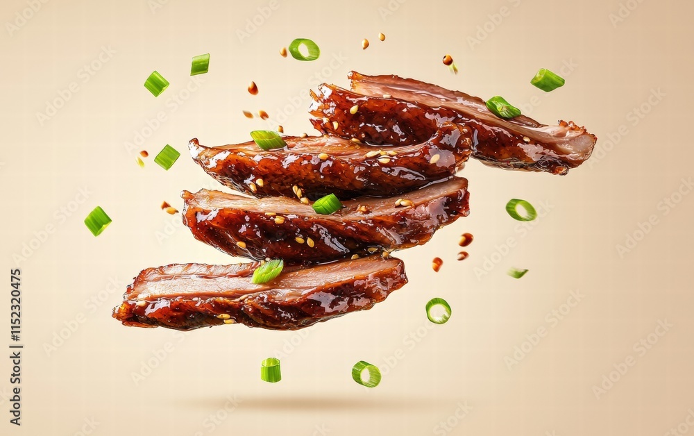 Slices of Peking duck levitating mid-air with hoisin sauce and green onions, on a warm beige background Slices of Peking duck levitating mid-air with hoisin sauce and green onions, on a warm beige background