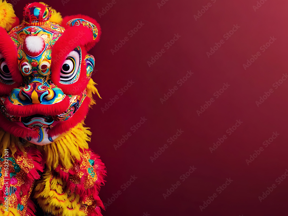 Chinese lion dance performance with vibrant costumes on red wallpaper Chinese lion dance performance with vibrant costumes on red wallpaper
