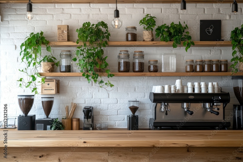 Cozy and Modern Coffee Bar Interior with Wooden Counter, Potted Plants, and Stylish Coffee Equipment Against a Bright White Brick Wall Cozy and Modern Coffee Bar Interior with Wooden Counter, Potted Plants, and Stylish Coffee Equipment Against a Bright White Brick Wall