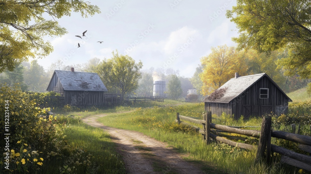 Serene Rural Landscape Under Bright Sunlight Serene Rural Landscape Under Bright Sunlight
