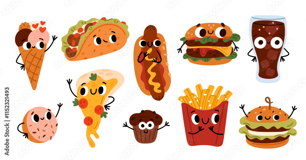 Fototapeta premium Fast food funny characters. Cartoon cute street meal with smiling faces. Pizza and burger. Junk snacks. Happy tacos. Hamburger mascot. French fries. Hotdog or ice cream. Garish vector set