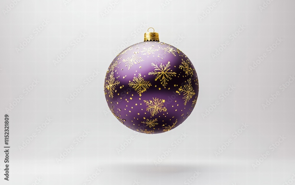 A glossy purple ball-shaped ornament with golden snowflakes levitating mid-air, on a bright white background A glossy purple ball-shaped ornament with golden snowflakes levitating mid-air, on a bright white background