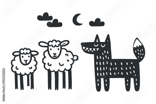 Minimalistic hand drawn wolf and sheep illustration in bold black lines	