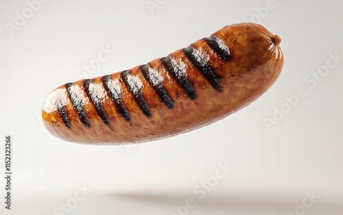 A plump bratwurst with grill marks levitating on a clear white background photo