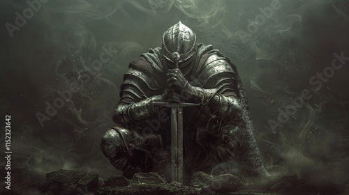 A warrior man  adorned in a heavy metal armor holding a sword