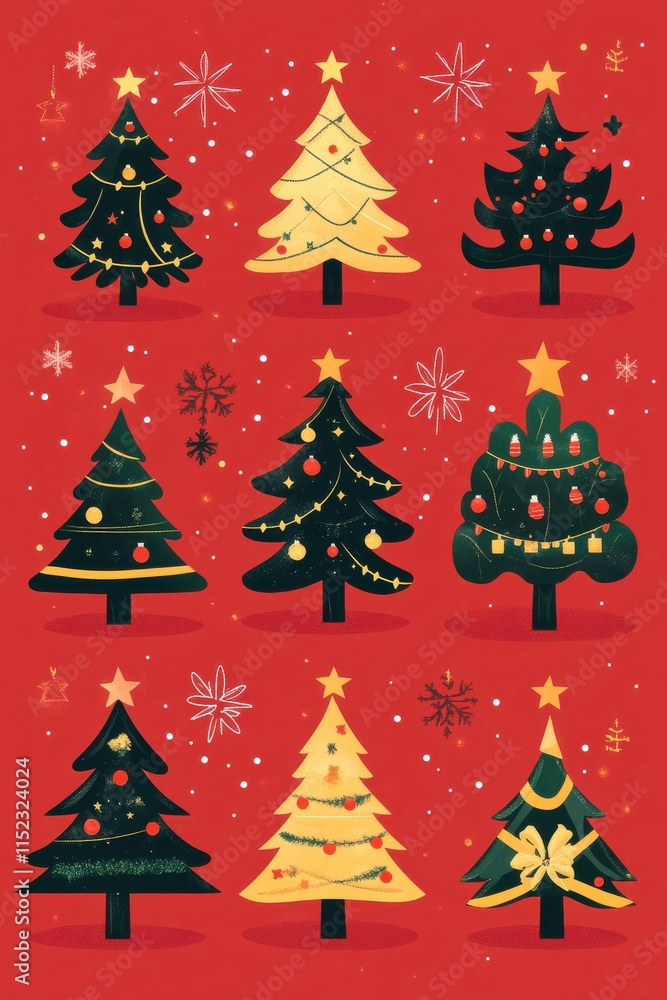 Collection of flat design Christmas tree illustrations with star toppers on a red background Collection of flat design Christmas tree illustrations with star toppers on a red background