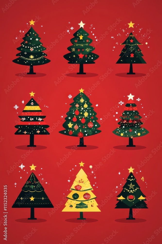 Obraz premium A diverse set of Christmas tree icons in flat design style with festive decorations, stars, and ornaments on a red background