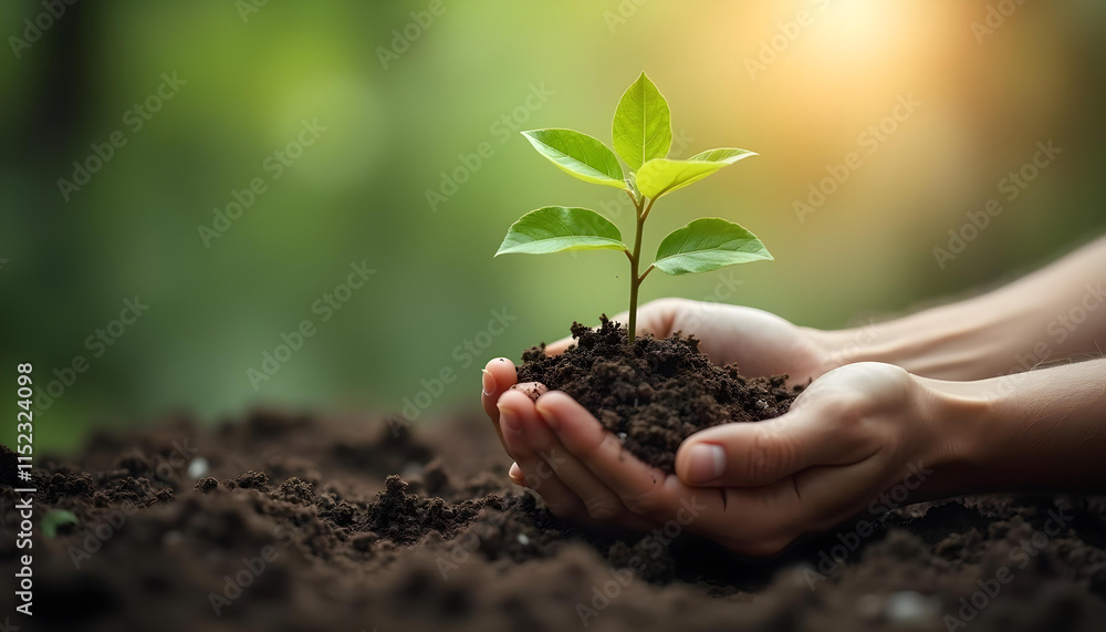 Hands holding soil and young green plant, symbolizing growth and nature care.Tree planting.Peace Day Hands holding soil and young green plant, symbolizing growth and nature care.Tree planting.Peace Day