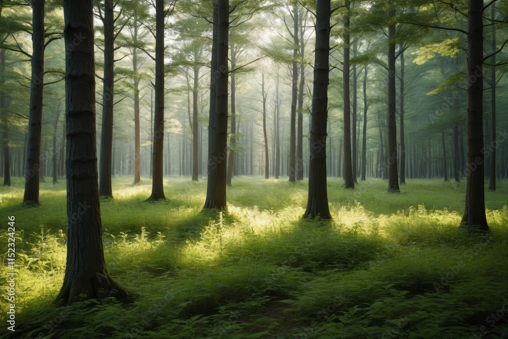 Fototapeta premium sunlight shining through the trees in a forest with ferns