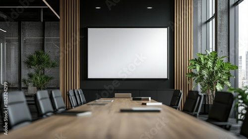 Modern Conference Room with Large Screen and Presentation Area