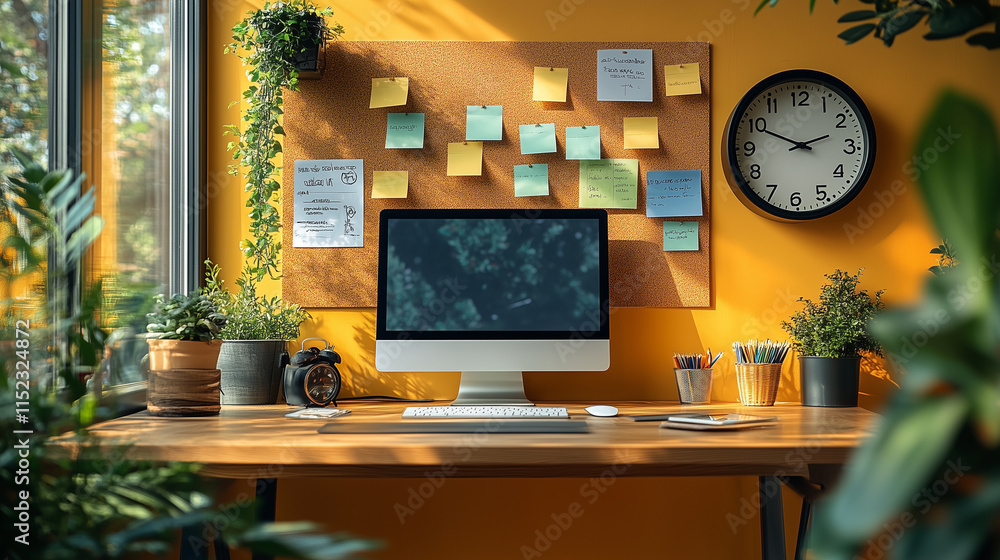 A well-organized corkboard with pinned sticky notes and a small wall clock nearby. A well-organized corkboard with pinned sticky notes and a small wall clock nearby.