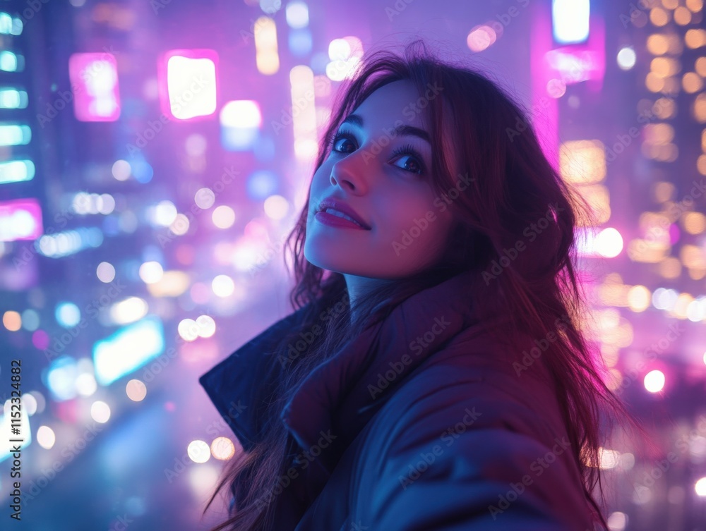 woman looks up against a city skyline at night woman looks up against a city skyline at night