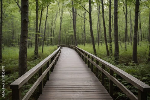 arafed wooden bridge in a forest with tall trees photo