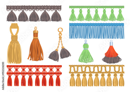 Decorative fringe with tassels. Fabric elements. Sewing accessories. Thread pendants and trinkets for curtain design. Upholstery clothes brushes. Cord embellishment. Splendid vector set
