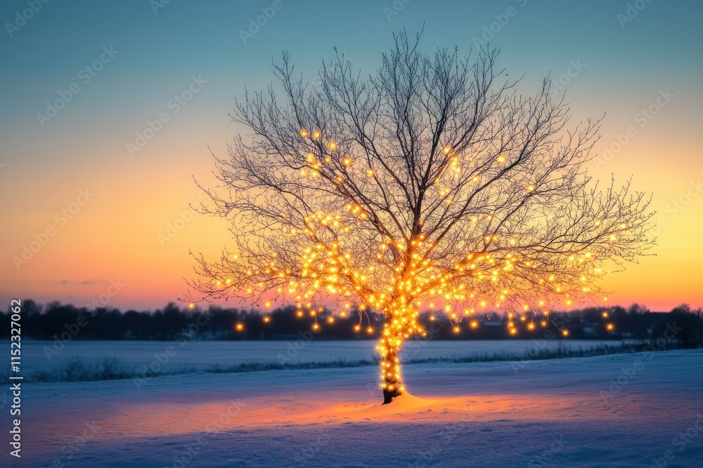 Naklejka premium Serene Winter Evening Landscape Featuring a Bare Tree Adorned with Twinkling Lights Against a Colorful Sunset Sky Over a Snowy Field