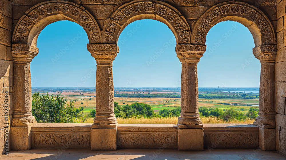 Fototapeta premium Scenic View from Ancient Arched Columns Overlooking Lush Green Fields and Clear Blue Skies in a Historical Landscape Setting
