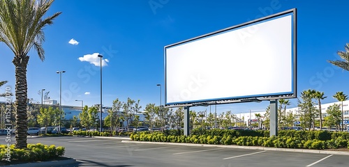Modern blank billboard in parking lot near shopping mall in sunny weather