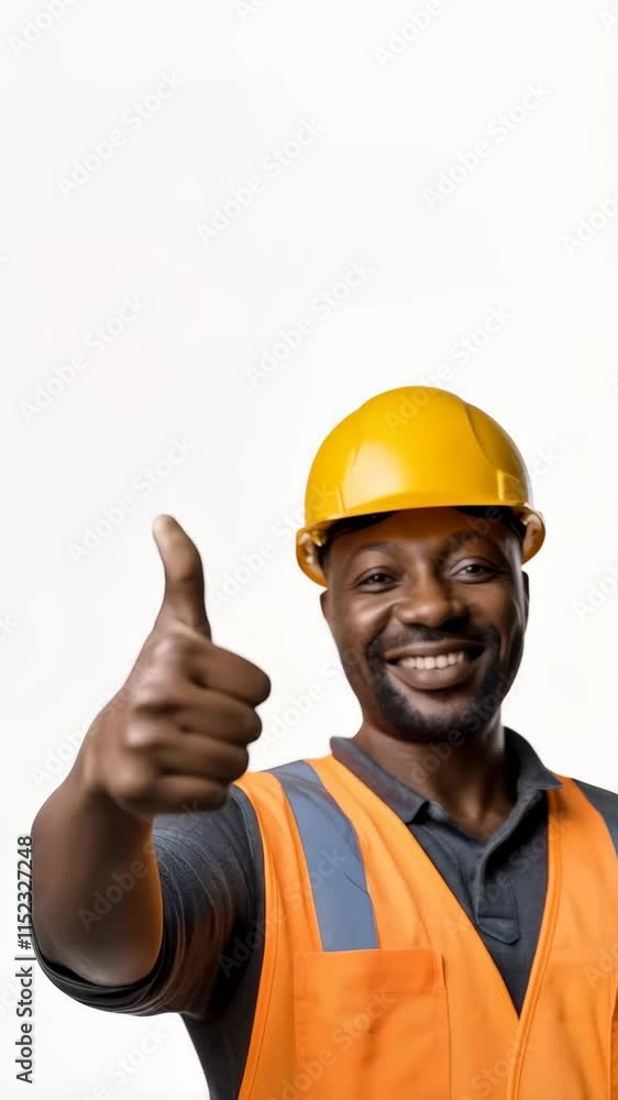 Cheerful African American construction worker smiling at camera with thumbs up over white background Cheerful African American construction worker smiling at camera with thumbs up over white background