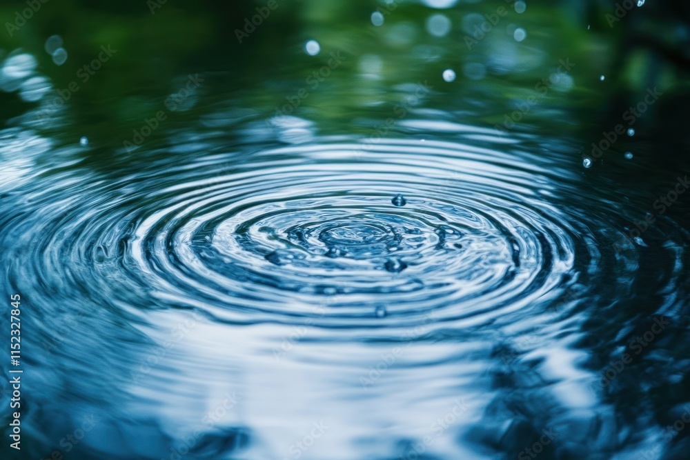 Tranquil Close-up of Raindrop Creating Ripples on Blue Water Surface Under Soft Natural Light with Blurred Green Background for Serene Nature Imagery Tranquil Close-up of Raindrop Creating Ripples on Blue Water Surface Under Soft Natural Light with Blurred Green Background for Serene Nature Imagery
