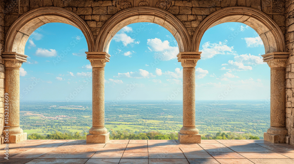Scenic View Through Stone Arches Overlooking Expansive Landscape with Rolling Hills and Blue Sky in Bright Sunlight Scenic View Through Stone Arches Overlooking Expansive Landscape with Rolling Hills and Blue Sky in Bright Sunlight