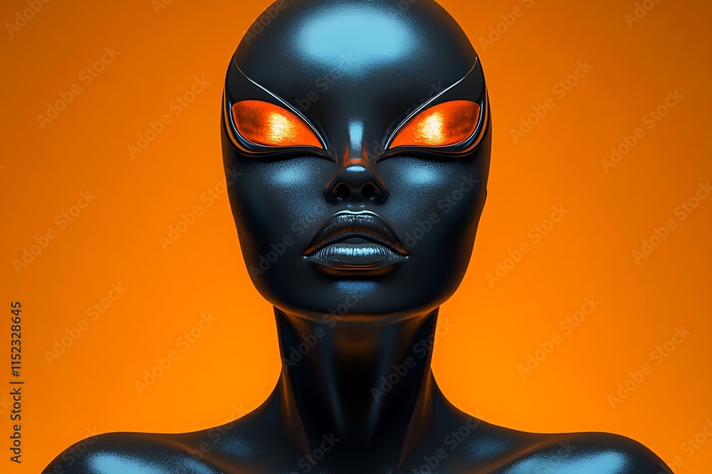 Dark Alien Figure with Glowing Eyes Against Orange Dark Alien Figure with Glowing Eyes Against Orange