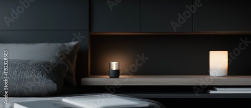A bedroom with a nightstand with a lamp on it