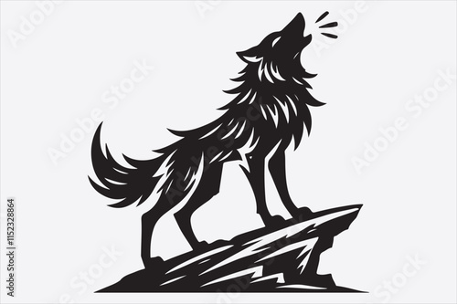 A stylized black and white silhouette of a wolf howling. photo