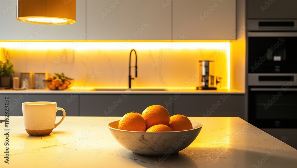 A contemporary kitchen with warm lighting from a yellow and white hanging fixture over the island A bowl of orange