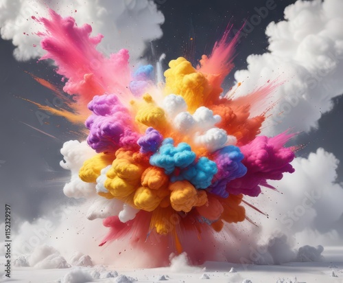 Vibrant powder cloud bursts, colorful explosion against pure white ,  white background, color explosion photo