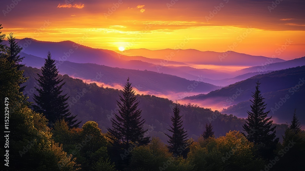 Obraz premium Serene sunrise over misty mountains with lush greenery