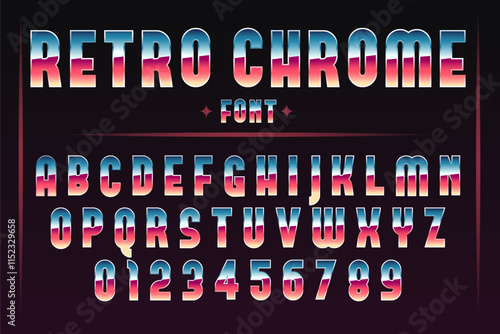 Chrome font. Retro arcade game alphabet in 80s. Metallic effect uppercase letters and numbers. Futuristic typeface. Shiny blue and red ABC. Vector typography alphabetical icons set