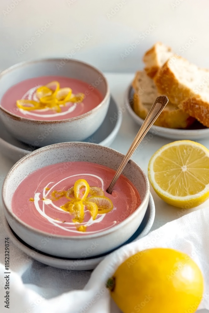 Deliciosa sopa de lentejas rojas en un bol con rodajas de limón y pan fresco Deliciosa sopa de lentejas rojas en un bol con rodajas de limón y pan fresco