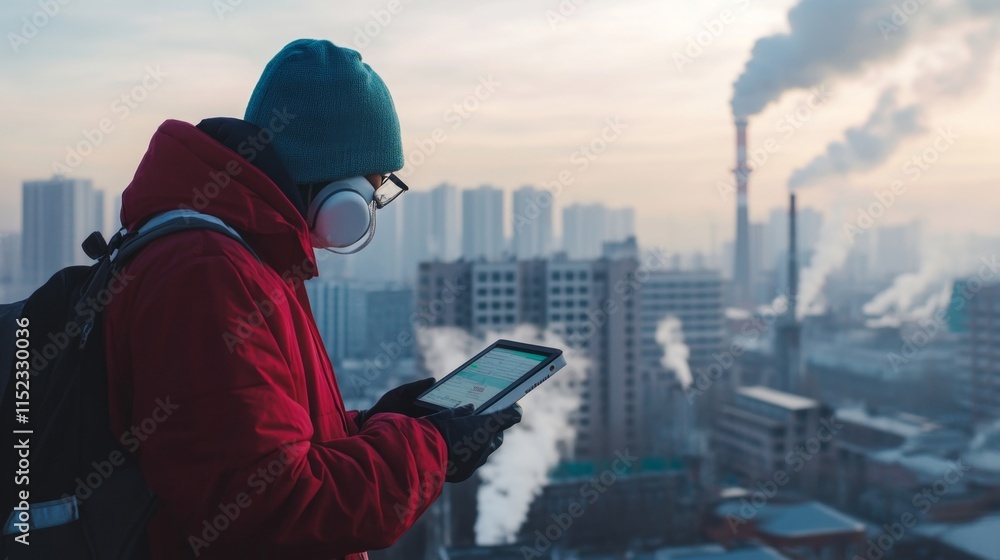 Urban pollution awareness person using tablet in industrial cityscape environmental impact dusk view social responsibility Urban pollution awareness person using tablet in industrial cityscape environmental impact dusk view social responsibility