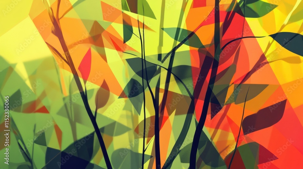 Abstract depiction of leaves in vibrant colors and geometric shapes. Abstract depiction of leaves in vibrant colors and geometric shapes.