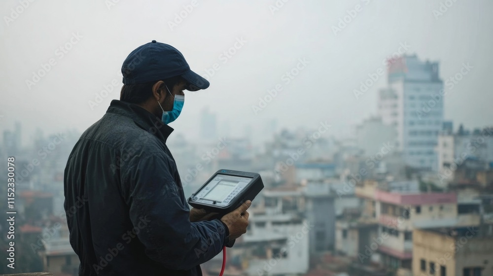 Technician monitoring air urban environment action scene pollution control cityscape environmental awareness Technician monitoring air urban environment action scene pollution control cityscape environmental awareness