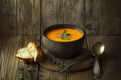 Delicioso shorbat ades en un bol de sopa artesano acompañado de pan crujiente photo