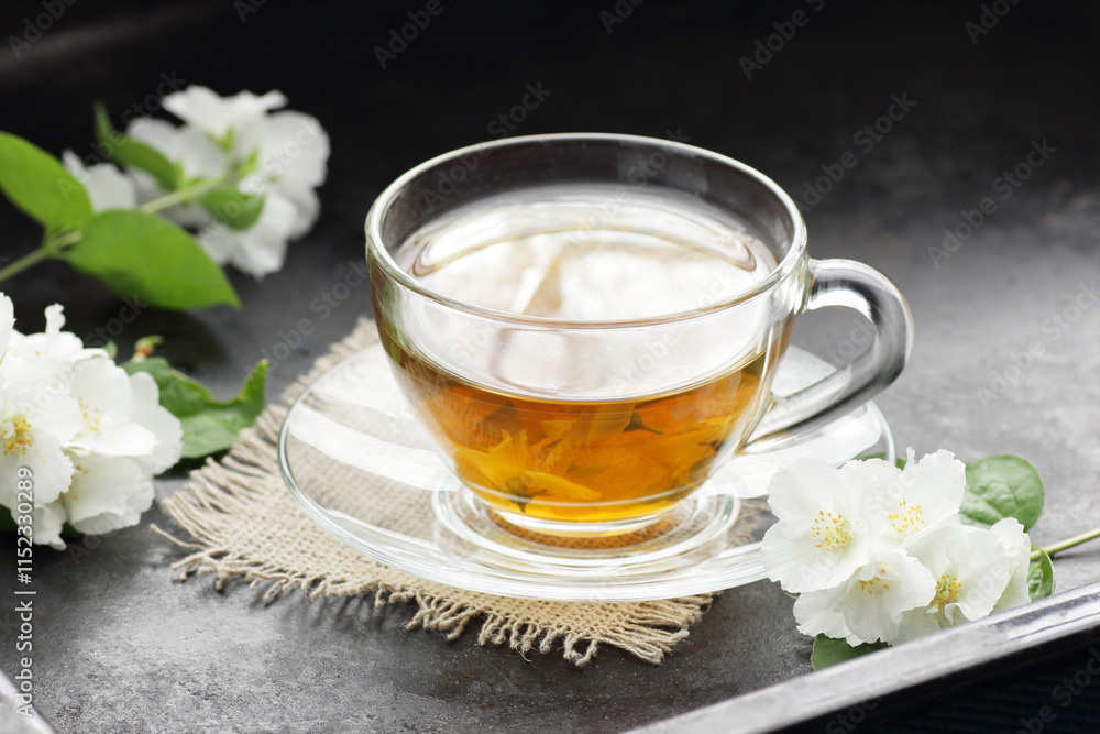 Jasmine herbal tea in a glass cup with flowers on black background, closeup, spring floral drink, natural medicine and naturopathy concept