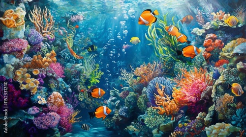 Fototapeta Naklejka Na Ścianę i Meble -  Vibrant coral reef exploration underwater world marine life artwork tropical ocean colorful perspective biodiversity concept