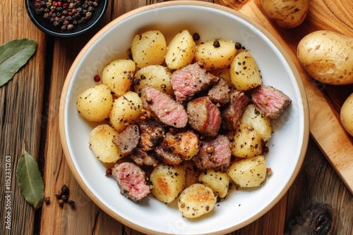 Vista cenital de un delicioso plato que combina carne y papas al estilo casero, ideal para disfrutar en cualquier ocasión photo