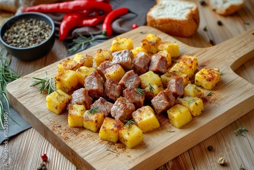 Vista cenital de un plato hondo con carne y papas fritas acompañadas de especias photo