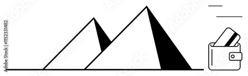 Pyramids next to a wallet holding credit cards, minimalist style. Ideal for travel, finance, history, savings, global exploration, ancient architecture marketing. Line metaphor