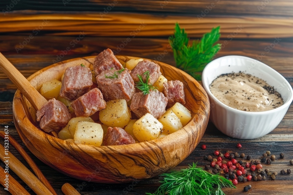Deliciosos trozos de carne en un plato hondo, acompañados de cubos de papa y una salsa cremosa Deliciosos trozos de carne en un plato hondo, acompañados de cubos de papa y una salsa cremosa