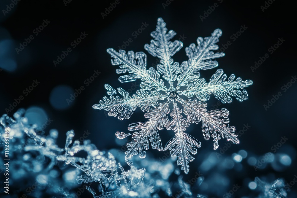 Intricate Snowflake Crystal Glimmers in Frosty Surroundings, Capturing Winter's Beauty and the Delicate Nature of Ice Formations under Soft Light Conditions Intricate Snowflake Crystal Glimmers in Frosty Surroundings, Capturing Winter's Beauty and the Delicate Nature of Ice Formations under Soft Light Conditions