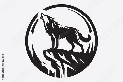 A stylized black and white silhouette of a wolf howling. photo