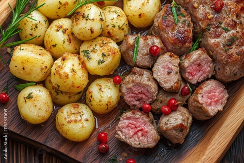 Delicioso plato hondo con trozos de carne y papas doradas listo para disfrutar en una comida especial photo