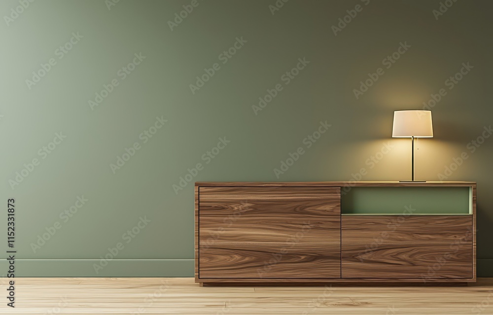 A contemporary walnut sideboard with a built-in lamp placed against a muted olive green wall The modern minimalist design blends